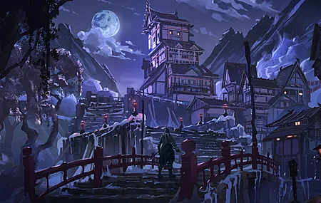 艺术作品 幻想艺术 夜 月亮 桥 4K壁纸