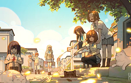 眨眼 女学生 蹲着 长发 短发 动漫 女生 动物 天空 猫 云 街道 校服 AI艺术 建筑 4K壁纸