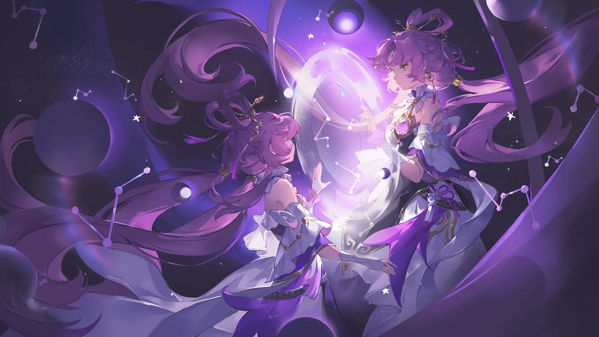 粉色头发 长发 动漫 女孩 星际铁路 黄眼睛 双尾 星座 4K壁纸