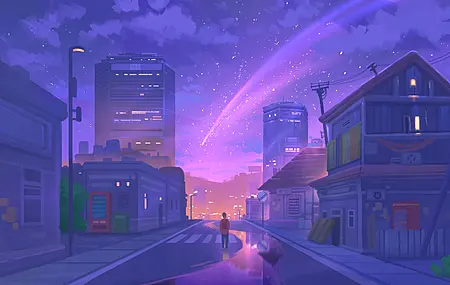 流星 夜晚 街道 城市 4K壁纸