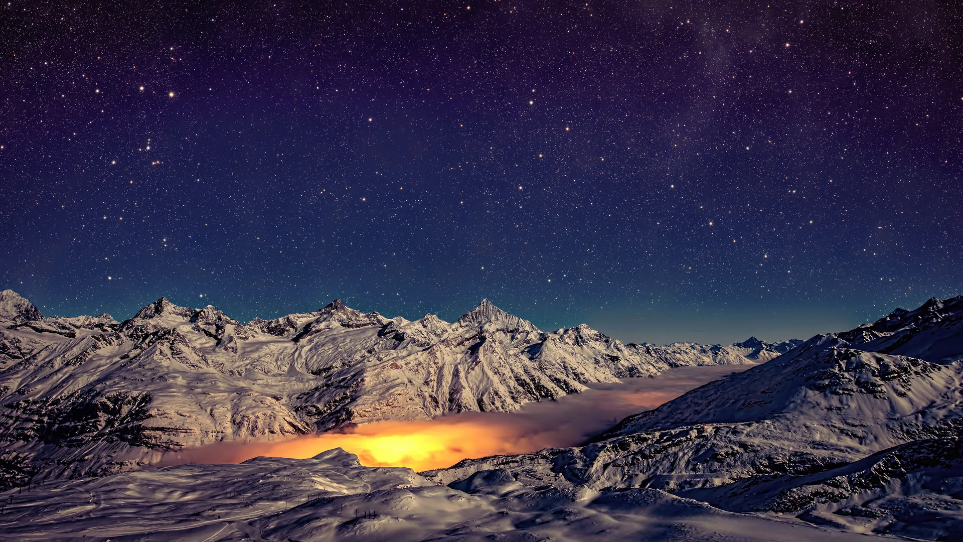 风景 自然 山脉 全景 夜晚 星星 雪 长相 薄雾 4K壁纸