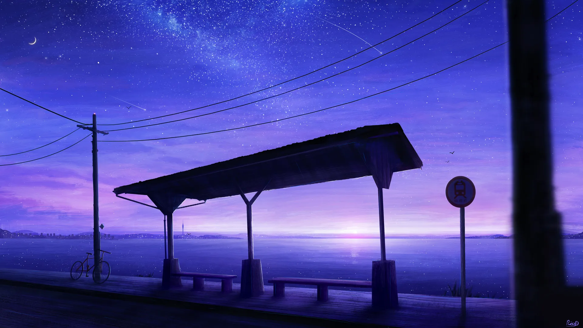 星星 公交车站 流星 电力线 自行车 海洋 日落 AI艺术 长凳 4K壁纸