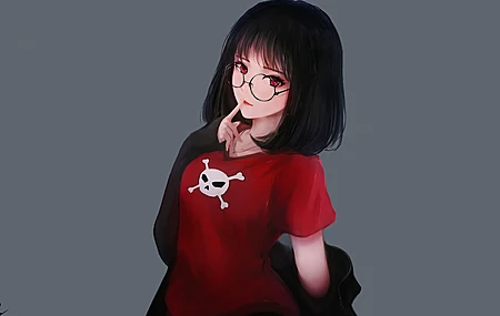闪光 红眼睛 动漫 女孩 眼镜 思考 骷髅 骨骼 恤 4K壁纸