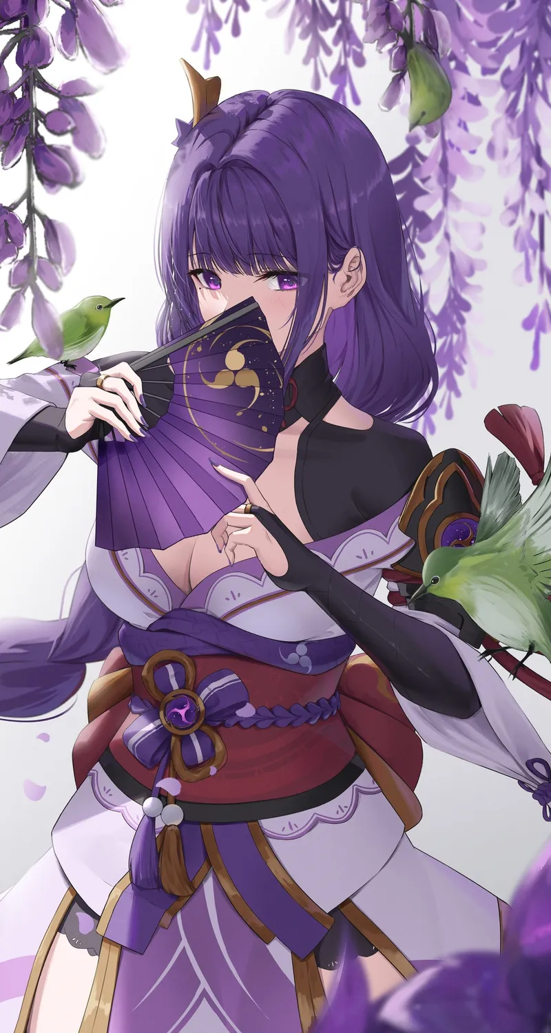 鼹鼠 痣 辫子 长发 紫色头发 原神 动漫 女孩 扇子 花 鸟 动物 花瓣 紫色眼睛 手机壁纸 4K壁纸