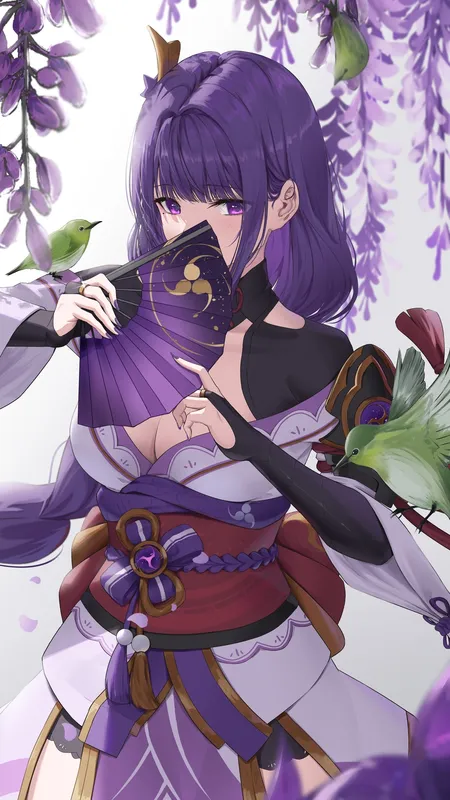 鼹鼠 痣 辫子 长发 紫色头发 原神 动漫 女孩 扇子 花 鸟 动物 花瓣 紫色眼睛 手机壁纸 4K壁纸