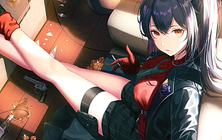 坐 明日方舟 茶 动漫 女孩 狼女孩 4K壁纸