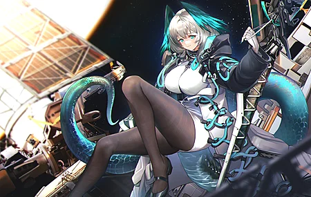 微笑 动漫 女孩 武士 龙女 龙尾巴 太空 科技 4K壁纸