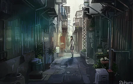 女学生 樱花 原创 人物 动漫 女孩 水手制服 小巷 建筑 城市 素描 插图 AI 4K壁纸