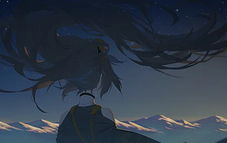 长发 动漫 女孩 山 星星 日落 4K壁纸