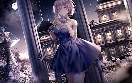短发 动漫 女孩 AI艺术 肖像 命运 连衣裙 夜晚 月亮 4K壁纸