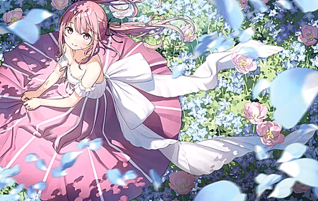  粉色头发 粉色眼睛 鲜花 动漫 女孩 服装 4K壁纸