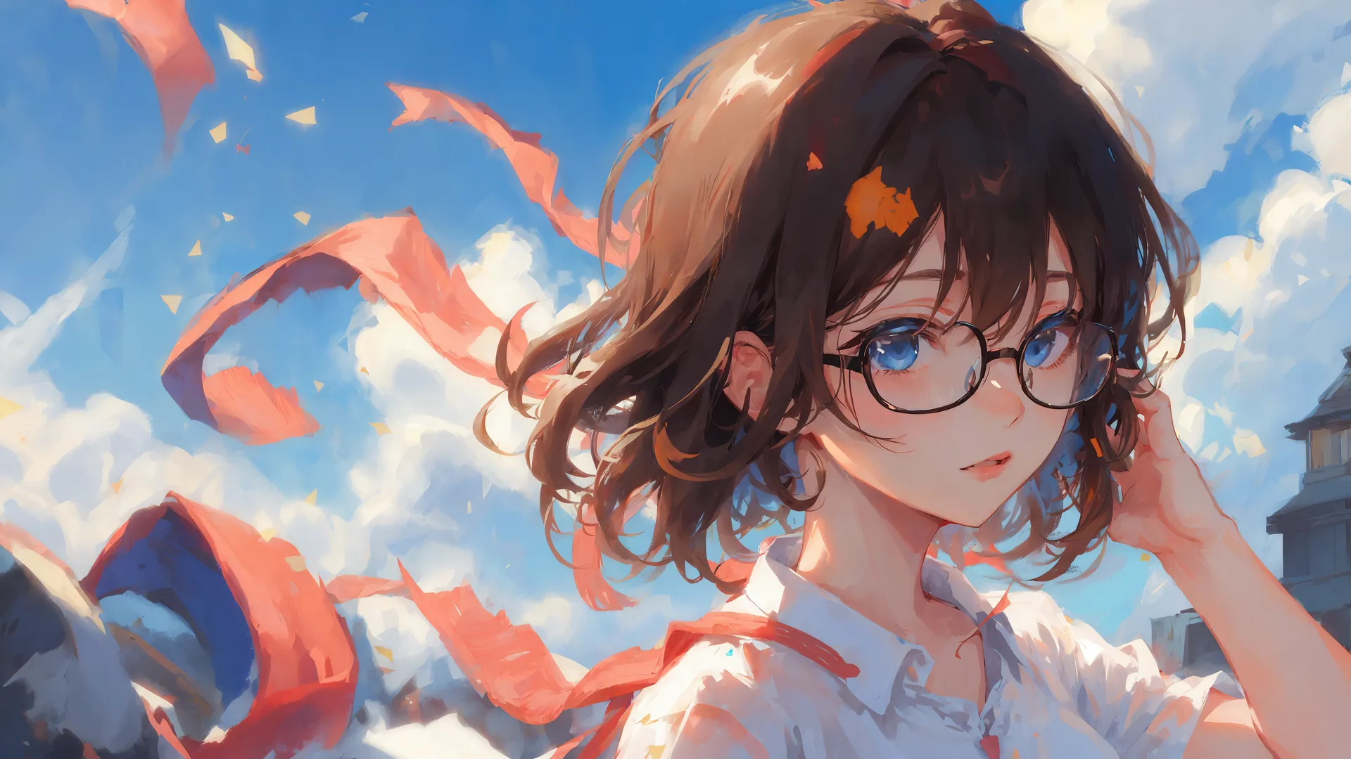 短发 动漫 女孩 眼镜 艺术 云 4K壁纸