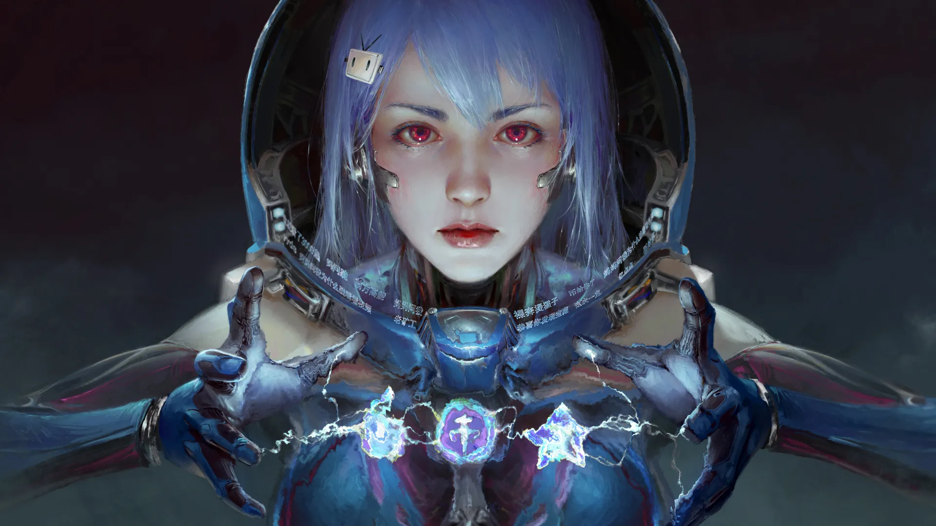 梦幻 女孩 蓝头发 红眼睛 画 8K壁纸