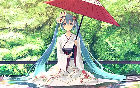 长发 动漫 女孩 元音 双尾 初音 伞 和服 面具 4K壁纸