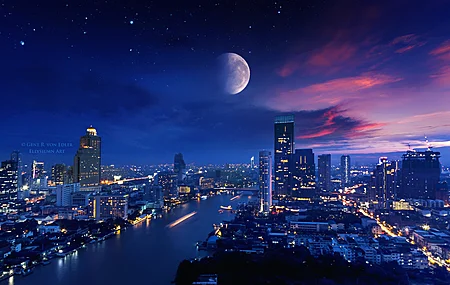风景 城市 景观 月亮 灯光 AI艺术 夜晚 建筑 4K壁纸