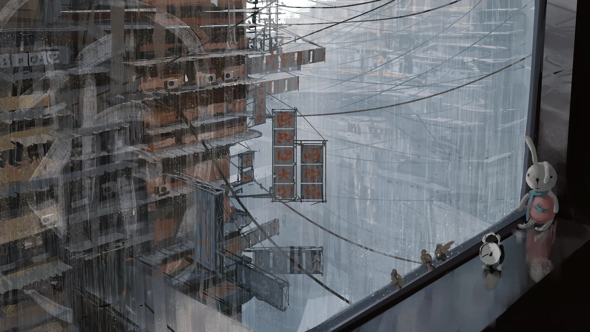 建筑 玩偶 闹钟 雨 电线 4K壁纸