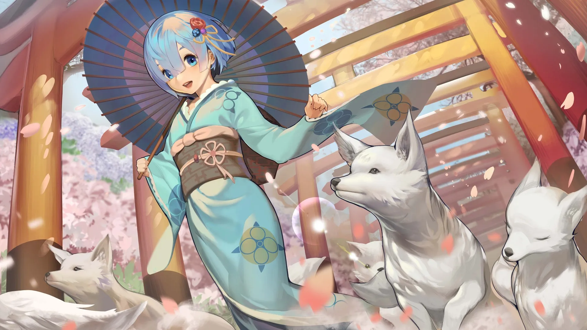 蓝头发 短发 蓝眼睛 动漫 女孩 和服 雨伞 狼 花瓣 樱桃树 发夹 从零开始的异世界生活 蕾姆 4K壁纸