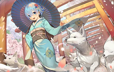 蓝头发 短发 蓝眼睛 动漫 女孩 和服 雨伞 狼 花瓣 樱桃树 发夹 从零开始的异世界生活 蕾姆 4K壁纸