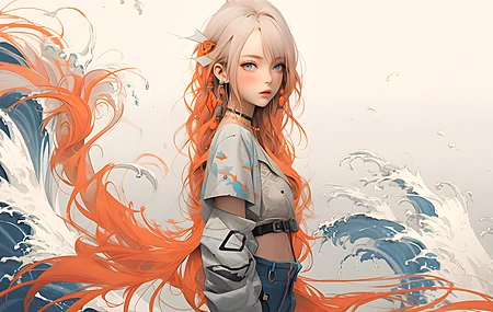 女 长发 头发 痣 泪痣 艺术 水 AI艺术 简单背景 波浪 极简主义 双色头发 粉彩 4K壁纸