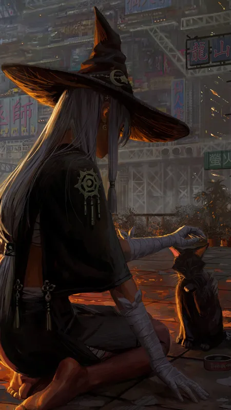 原创 人物 女巫 奇幻 女孩 概念艺术 图片 绘图 女巫帽子 奇幻艺术 猫 手机壁纸 4K壁纸