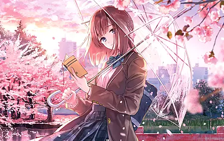 黑发 蓝眼睛 花 女学生 红头发 动漫 女孩 雨伞 鲜花 樱花 背包 校服 书籍 花瓣 夕阳辉光 领结 4K壁纸