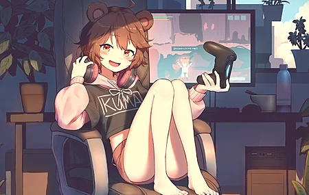 娇小 肚皮 红眼睛 坐着 赤脚 微笑 脚 动漫 女孩 AI艺术 图片 萝莉 耳机 控制器 树叶 扶手椅 游戏手柄 手柄 4K壁纸
