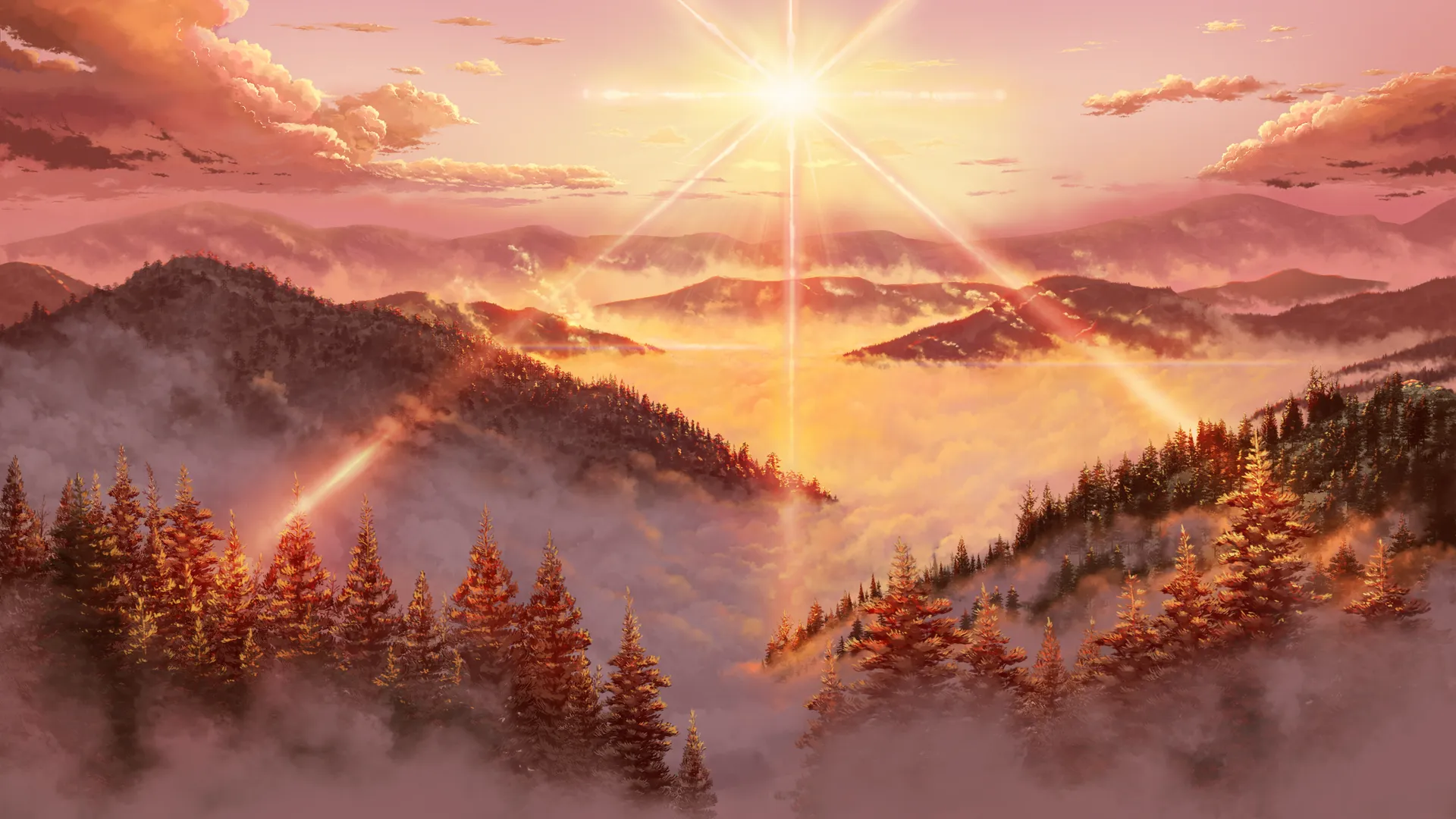 AI艺术 插图 风景 山脉 森林 树木 太阳 天空 云 阳光 自然 日落 夕阳辉光 阳光 4K壁纸