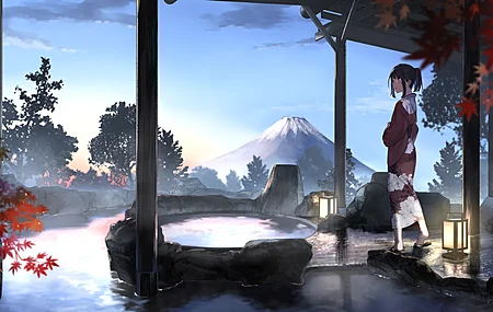 原创 人物 动漫 女孩 山 浴衣 水 灯笼 4K壁纸