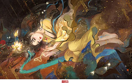 穗穗 女人 深色头发 长发 赤脚 奇幻女孩 奇幻艺术 钥匙 黄色衣服 红色口红 4K壁纸