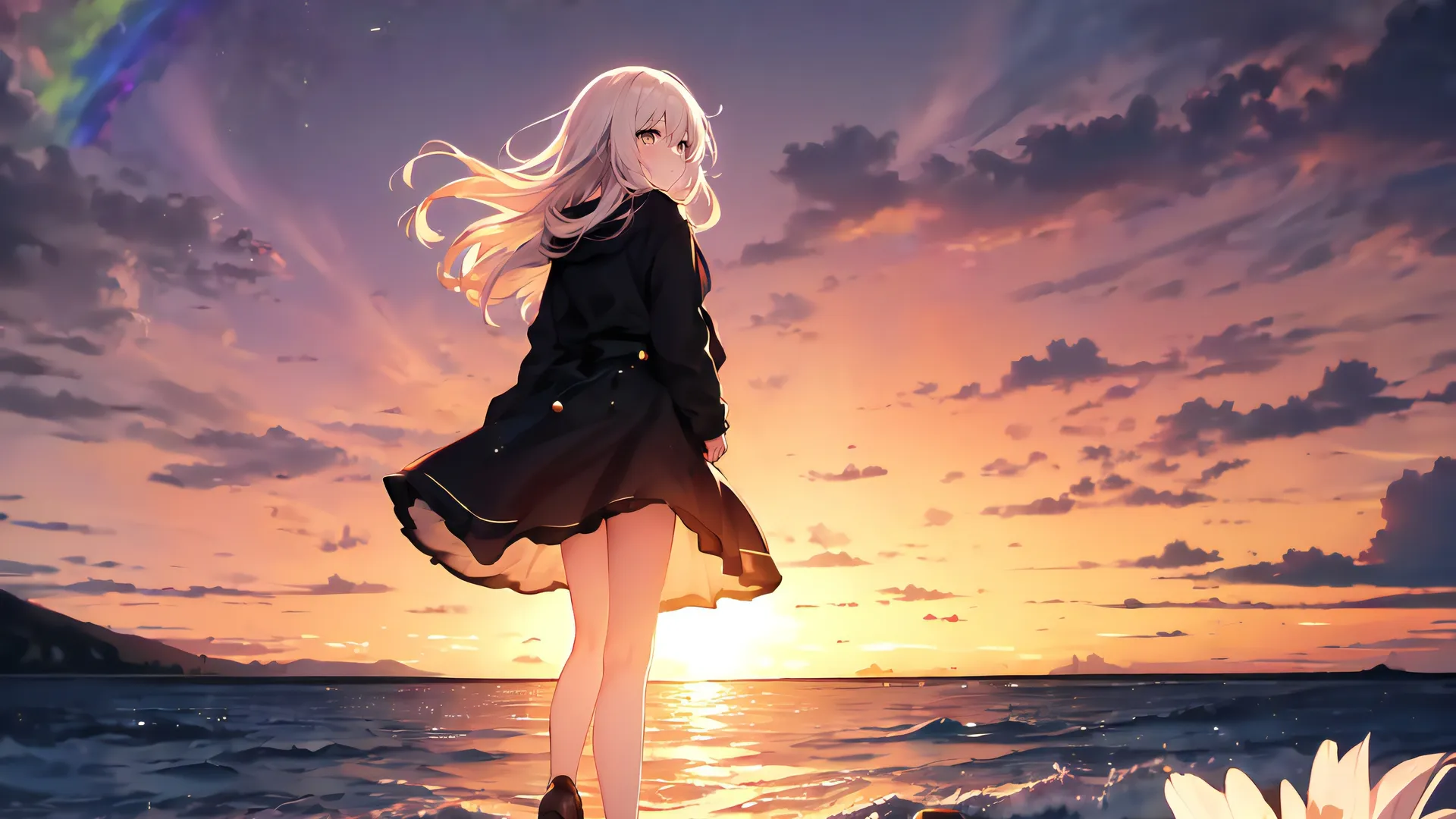 行走 长发 侧写 动漫 女孩 鲜花 夕阳辉光 日落 海滩 彩虹 天空 云 水 波浪 树叶 阳光 手机壁纸 4K壁纸