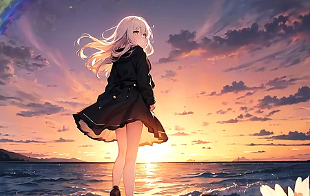 行走 长发 侧写 动漫 女孩 鲜花 夕阳辉光 日落 海滩 彩虹 天空 云 水 波浪 树叶 阳光 手机壁纸 4K壁纸