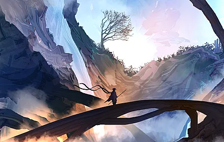 奇幻艺术 山 雾 侠客 艺术 4K壁纸