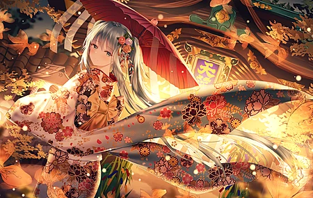长发 动漫 女孩 数码艺术 肖像 和服 小提琴 初音 雨伞 服装 银发 4K壁纸