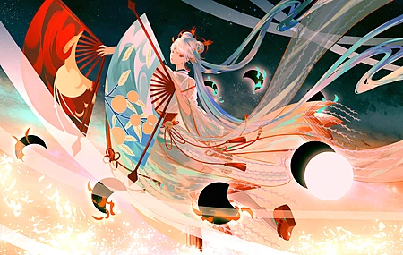 红眼 动漫 女孩 月亮 星星 太空 丝带 古装 阴阳师 4K壁纸