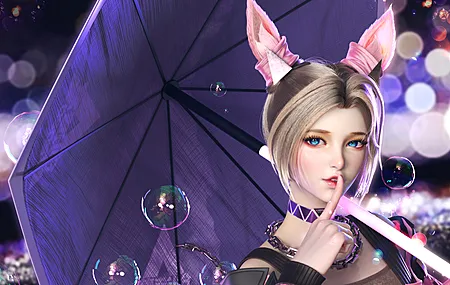 女人 金发 短发 蓝眼睛 发饰 粉色 雨伞 肖像 泡泡 项链 4K壁纸