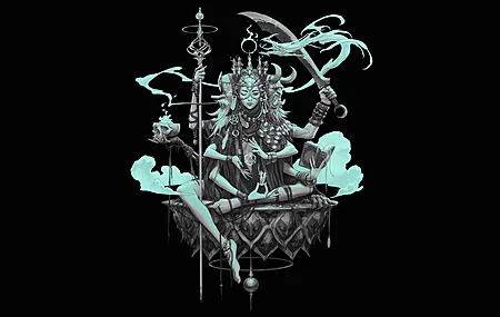 幻想 艺术 剑 龙 头骨 角 黑色背景 青色 4K壁纸