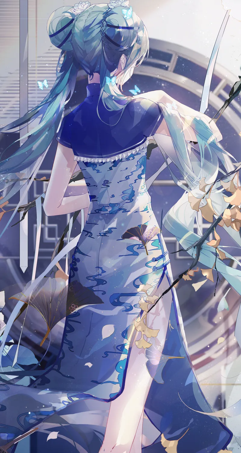 蓝发 长发 动漫 女孩 AI艺术 小提琴 初音 双尾 汉服 旗袍 手机壁纸 4K壁纸
