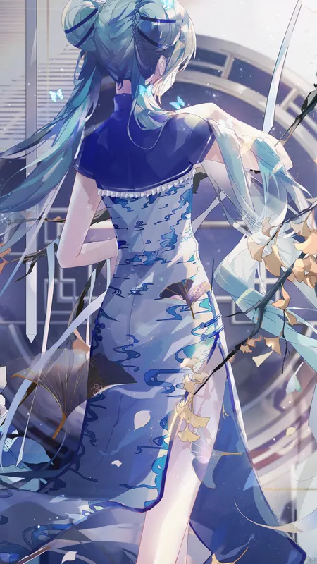 蓝发 长发 动漫 女孩 AI艺术 小提琴 初音 双尾 汉服 旗袍 手机壁纸 4K壁纸