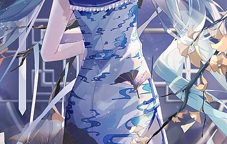 蓝发 长发 动漫 女孩 AI艺术 小提琴 初音 双尾 汉服 旗袍 手机壁纸 4K壁纸