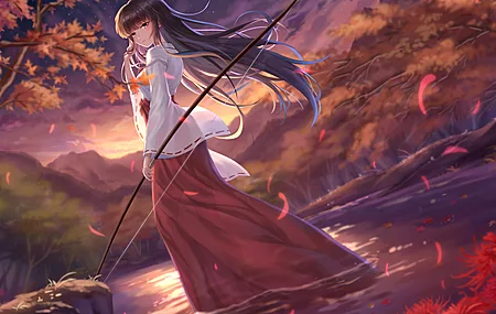 弓箭手 女人 深色皮肤 犬夜叉 动漫 女孩 树木 星星 鲜花 AI艺术 日落 桔梗 4K壁纸