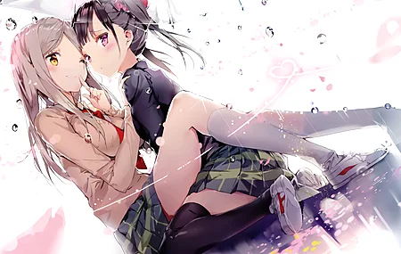 女学生 微笑 动漫 女孩 校服 雨伞 水滴 腮红 长袜 袜子 鞋子 水 心 樱花 小把戏 尤里 4K壁纸