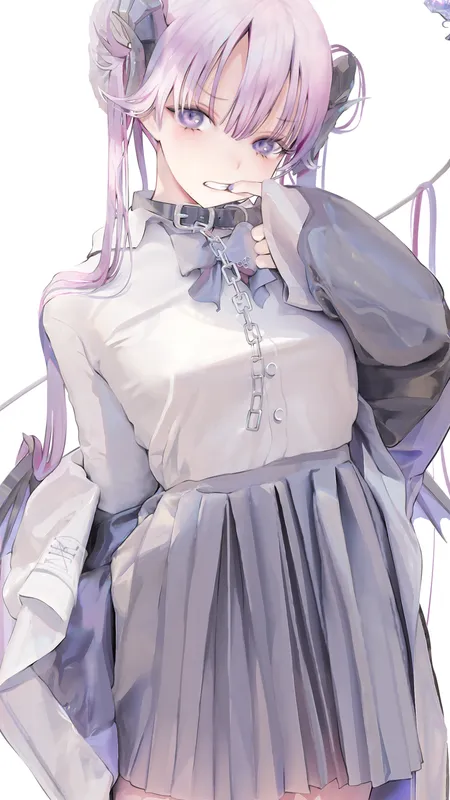 紫色头发 吉玛 动漫 女孩 紫色眼睛 角 领子 链子 白色背景 简单背景 手机壁纸 4K壁纸