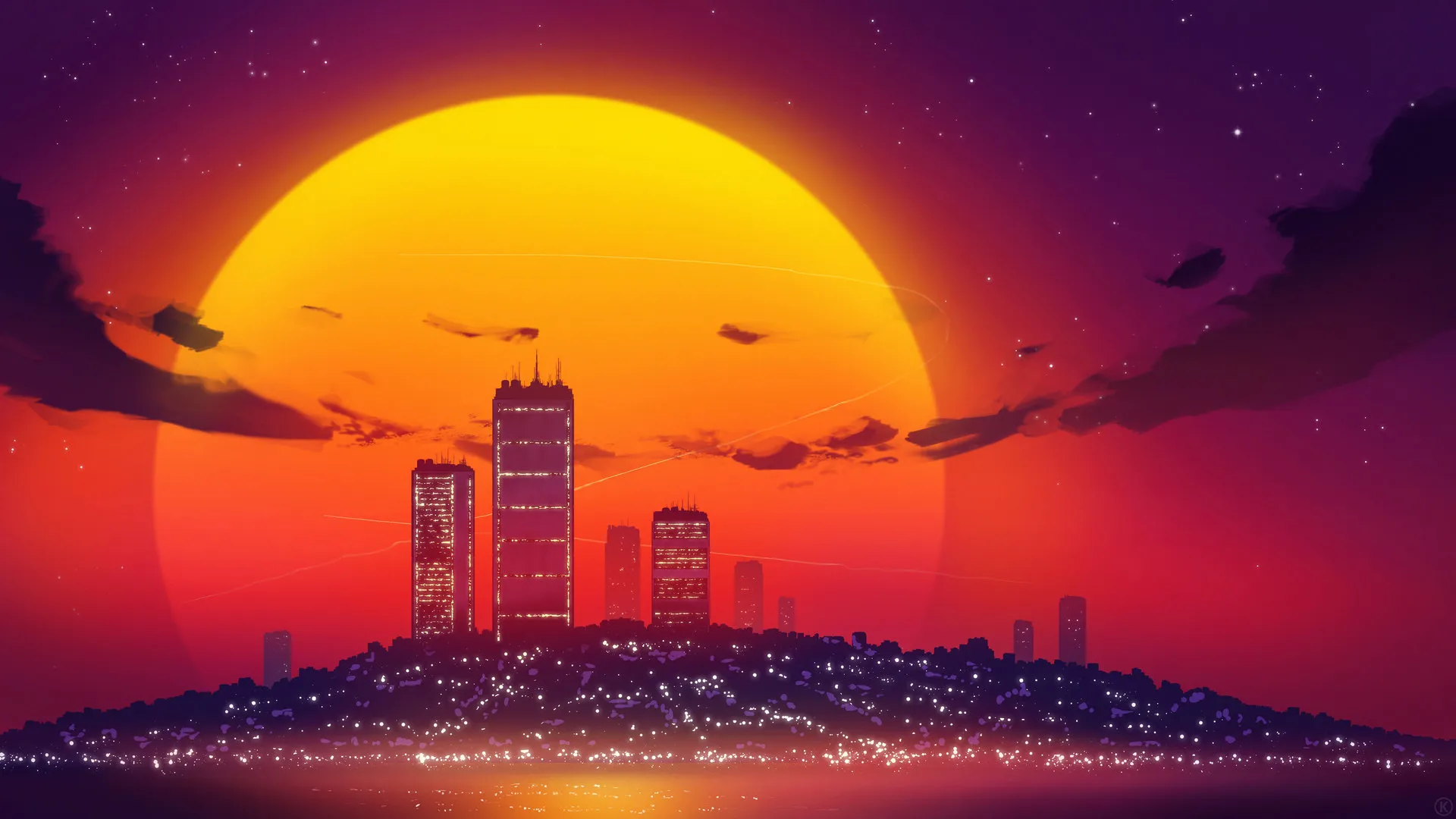 AI艺术 插图 城市 景观 风景 日落 太阳 城市 摩天 大楼 城市 灯光 星星 云 8K壁纸