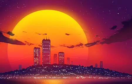 AI艺术 插图 城市 景观 风景 日落 太阳 城市 摩天 大楼 城市 灯光 星星 云 8K壁纸