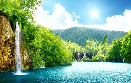 风景 湖泊 瀑布 树木 丘陵 国家公园 4K壁纸