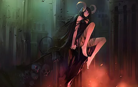 奇幻女孩 恶魔女孩 深色头发 赤脚 腿 坐着 动漫 女孩 妖魔 骷髅 角 4K壁纸