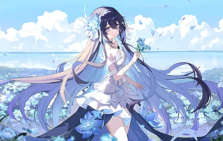 长发  站立 动漫 女孩  天空 云 花 衣服 花瓣 水 树叶 项链 4K壁纸