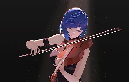 蓝头发 音乐家 小提琴 聚光灯 简单背景 黑色背景 叶兰 原神 电子游戏 女孩 4K壁纸