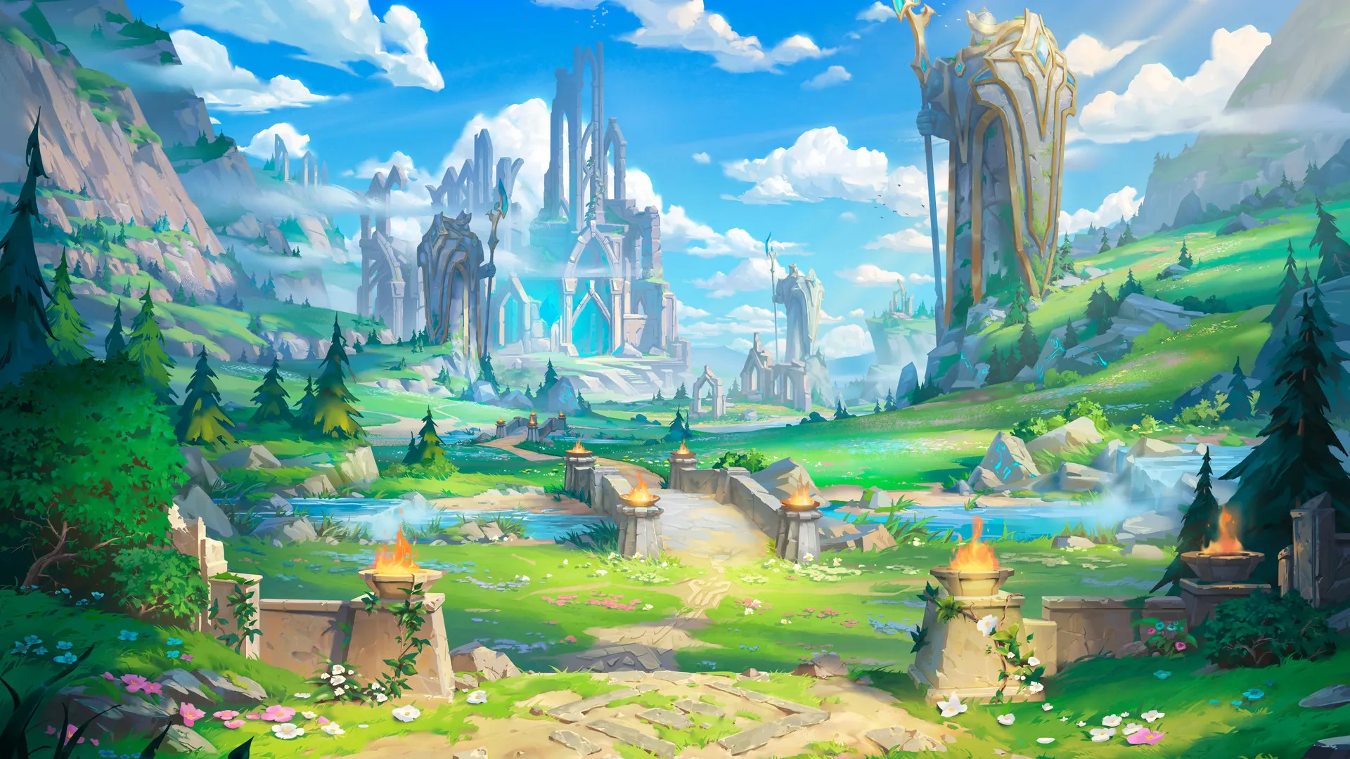 绘画 风景 山脉 盾牌 雕像 奇幻 建筑 4K壁纸