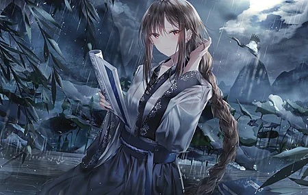 长发 黑发 辫子 动漫 女孩 AI艺术 肖像 雨 服装 4K壁纸